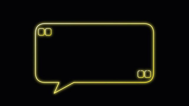 Neon speech bubble with quotation marks on a black background, glowing yellow outline, conveying communication and ideas
