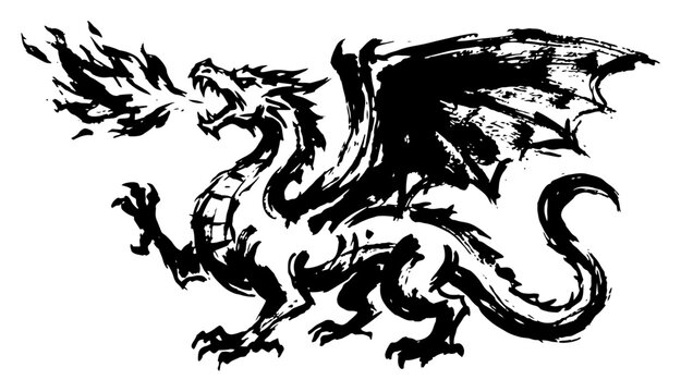 Winged dragon breathing fire in expressive ink sketch style