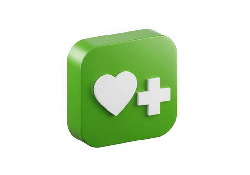 Modern three dimensional green square icon with heart and plus symbol set.