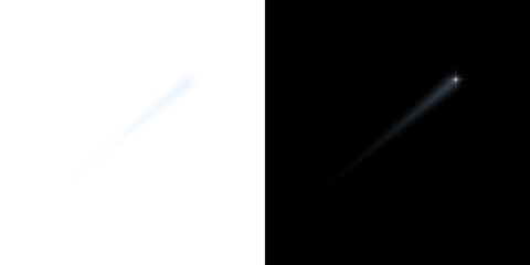 Falling meteor and shooting star with a glowing head and long luminous tail trail, overlay png © Ahanaf