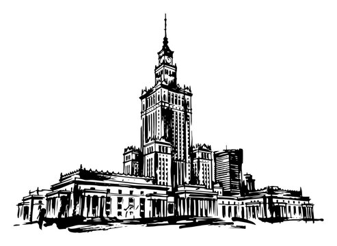 Palace of Culture and Science landmark in Warsaw Poland in architectural ink sketch style