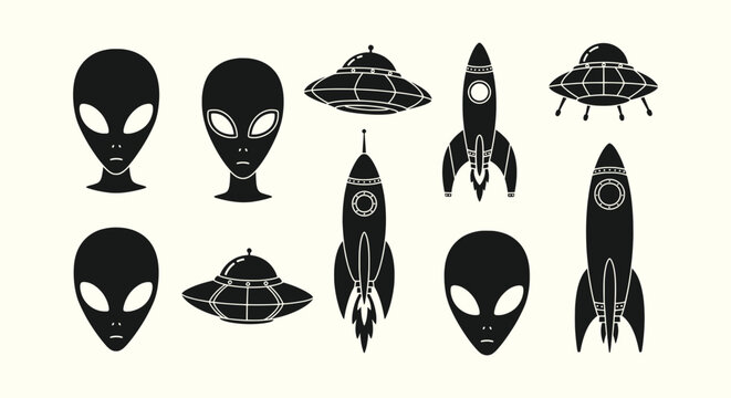 Collection of black alien head silhouettes, UFO flying saucer icons and retro space rocket ships