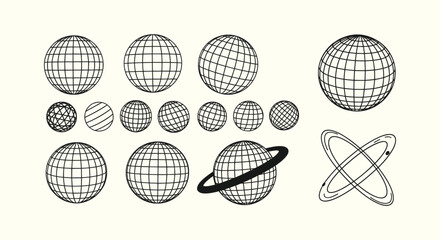 Obraz premium Set of Minimalist Wireframe Globe Icons and Geometric Sphere Elements for Modern Graphic Design