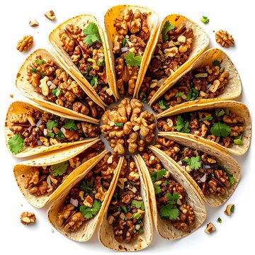 Colorful tacos arranged in a circular pattern on white background.