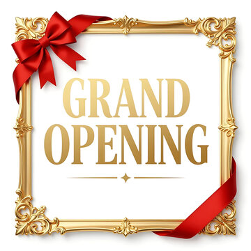Grand opening sign with gold frame and red ribbon bow