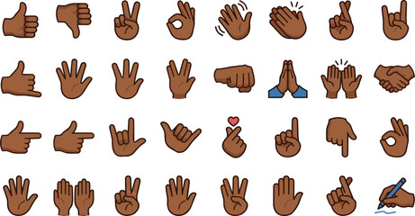 Fototapeta premium Hand Gestures and Finger Signs Vector Illustration Set with Dark Skin Tone