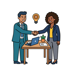 Fototapeta premium business meeting partners shaking hands over table with laptop and lightbulb idea