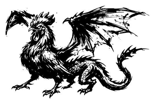 Cockatrice mythical creature with dragon wings and rooster head in hand drawn ink sketch style