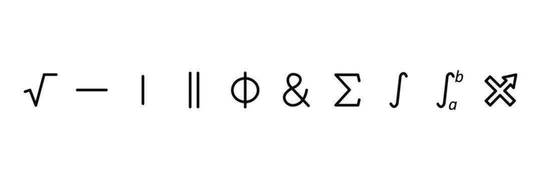 Mathematical calculus linear symbol icon set square root integral sigma phi vector illustration collection.