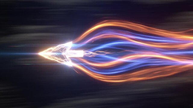 Futuristic arrow moving at high speed leaving glowing energy trails of blue and orange light