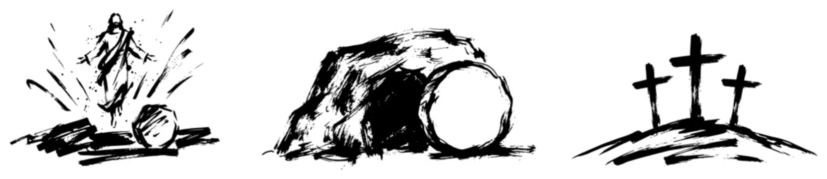 Christian easter religious symbols showing resurrection of jesus and empty tomb in hand drawn ink sketch style