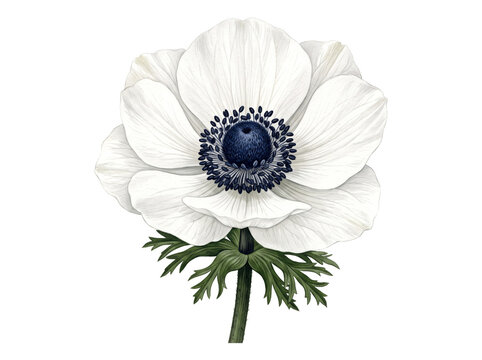 Beautiful white anemone flower with a dark center and green leaves isolated on a plain surface isolated on transparent background