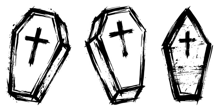 Coffins with crosses set for Halloween horror or cemetery theme black ink brush sketch vector