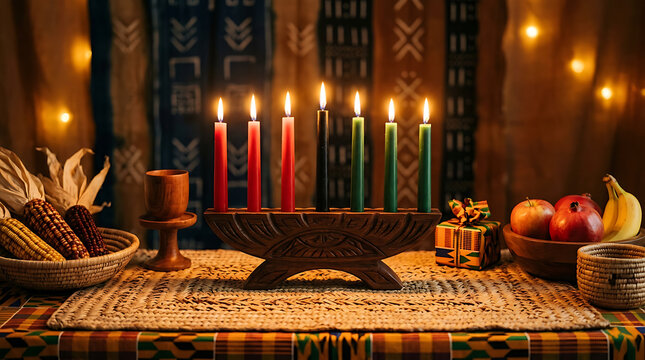 Festive Hanukkah menorah with lit candles and holiday decorations. Jewish holiday celebration scene with traditional symbols and warm lighting.