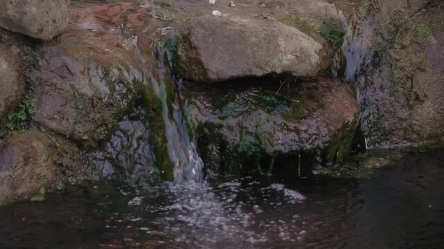 Small stream of clear water trickling down mossy dark rocks into a calm pond in nature