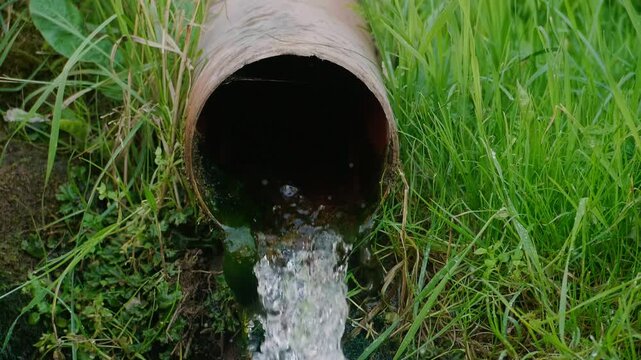 Clear water flowing out of a drainage pipe onto green grass outdoors
