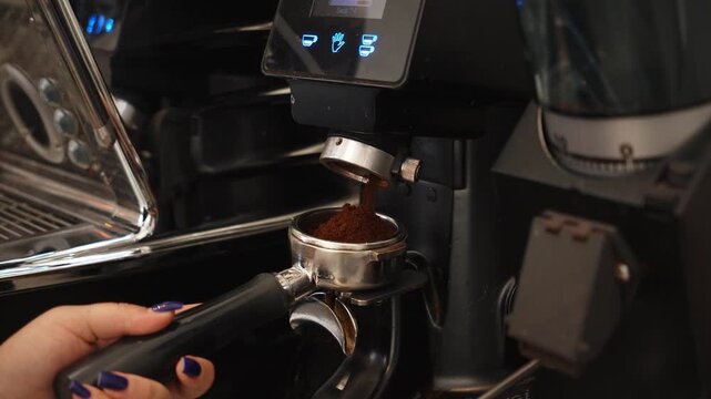 Fresh coffee beans are ground directly into a portafilter before espresso extraction. Precise dosing supports consistent flavor and professional coffee preparation
