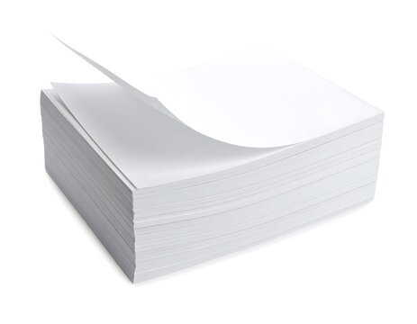 Stack of white blank paper documents isolated on white background close up