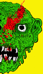 Gruesome Green Zombie Monster Illustration with Blood Splatter on Bright Yellow Background