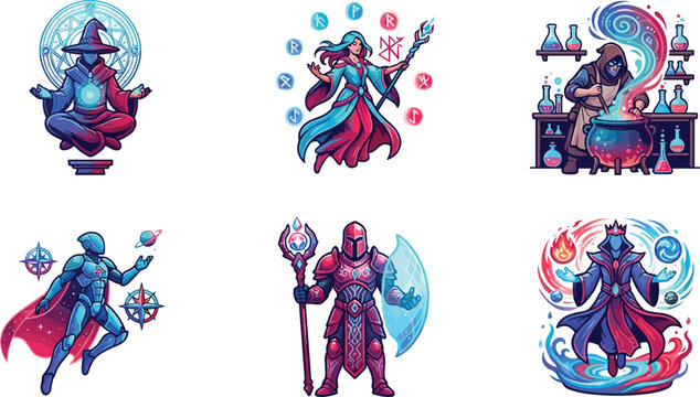Set of colorful fantasy mage and sorcerer vector illustrations featuring magical characters, runes, and potion brewing