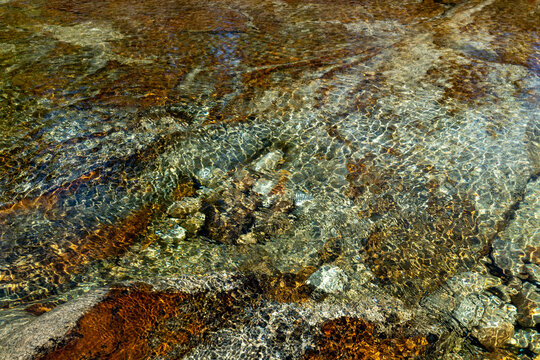 Clear water flows over stones in a river