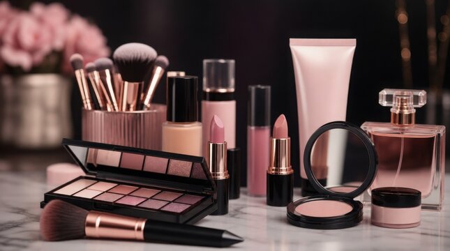 A collection of elegant pink and nude makeup products including brushes, lipsticks, eyeshadow palette, foundation, and perfume displayed on a marble surface.