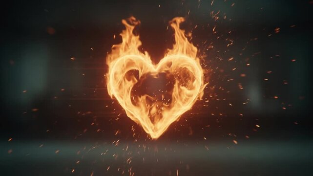 Fiery Heart Symbol Burning with Orange Flames and Sparks Symbolizing Passion, Love, Energy, and Desire on Dark Background