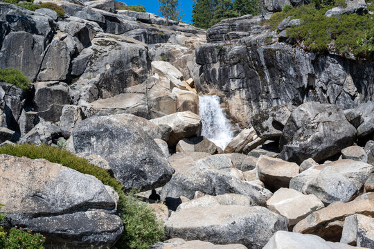 Water flows over rocks in Bassi Falls, Eldorado National Forest, California, USA