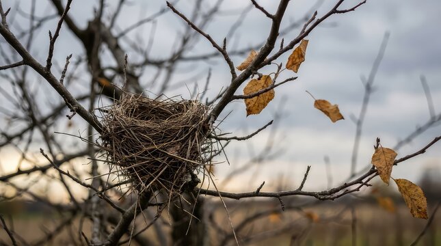 Empty bird nest on a tree branch. Abandoned avian home in autumn forest.