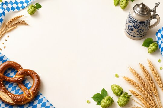Oktoberfest flat lay framing copy space with pretzel, beer stein, hops and wheat