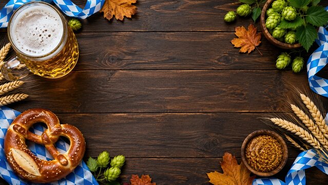 Oktoberfest beer and salted pretzels with hops on a rustic wooden table background