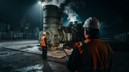 Fototapeta premium Workers inspecting industrial steam generator at night in power plant facility