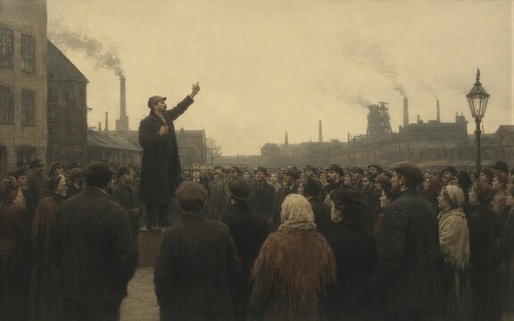 Man orator speaking to crowd of worker at factory in early 20 century. Revolution leader giving speech to poor people during industrial hardship.