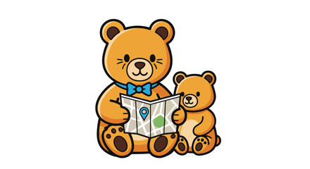 Fototapeta premium Two adorable teddy bears are sitting together, one larger than the other, looking at a map with location pins.