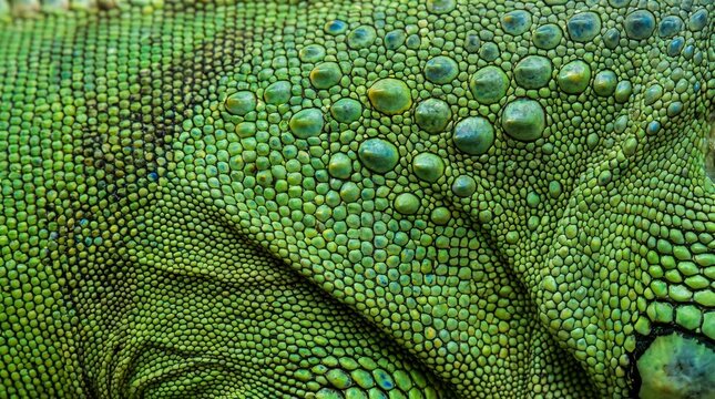 Green iguana skin texture close up. Detailed reptile scales pattern macro background.