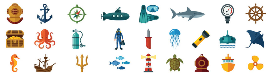 Oceanography Icons Set: Diving, Marine Life, Nautical Symbols © Kodrat