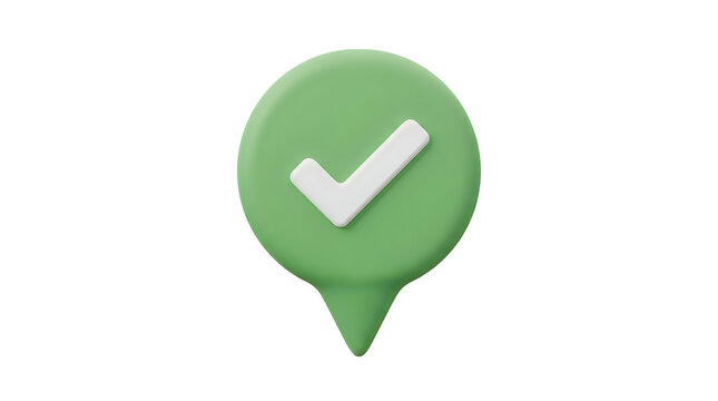 3D green check mark location pin icon for map navigation or success confirmation with location, confirmed