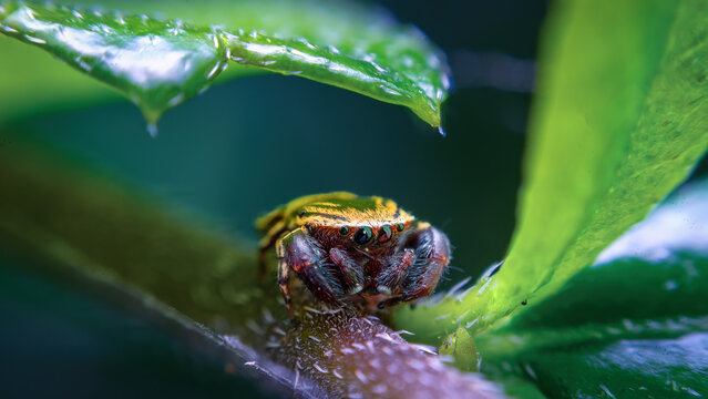 Extreme Close-up of a Colorful Jumping Spider Extreme Close-up of a Colorful Jumping Spider (Rhene flavicomans) on a Green Leaf