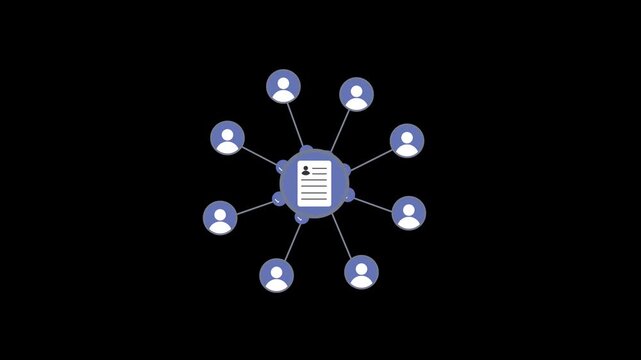 Multi-user resume approval network. Recruitment network, document sharing, team approval, and candidate selection. 2D animation with 4K resolution and alpha channel.