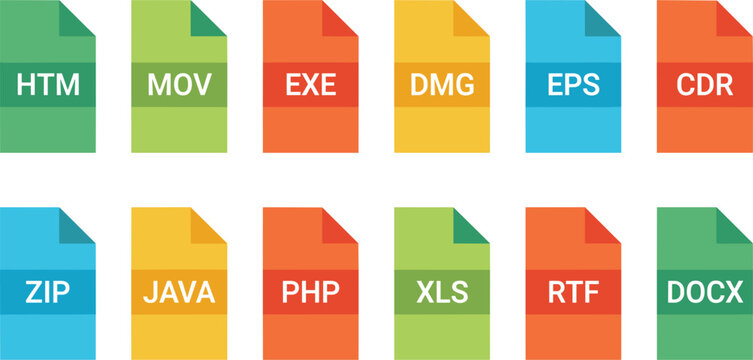 Collection of flat vector icons representing different software web and media file formats.