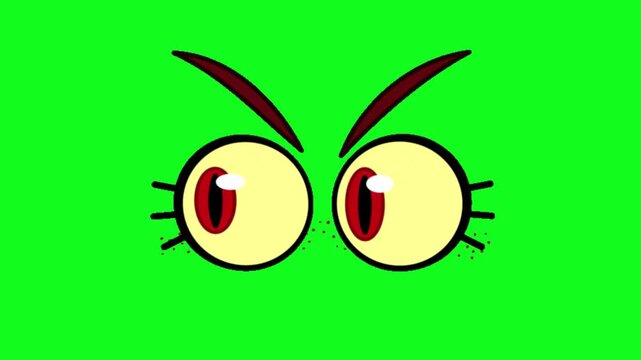 Angry cartoon eyes on green screen. Animated character expression with glowing red pupils. Angry cartoon eyes animation on a green screen background.
