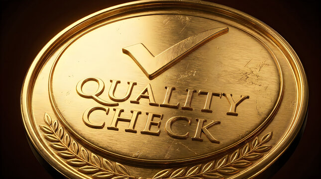Golden seal with quality check inscription and tick icon certification verified guarantee approval