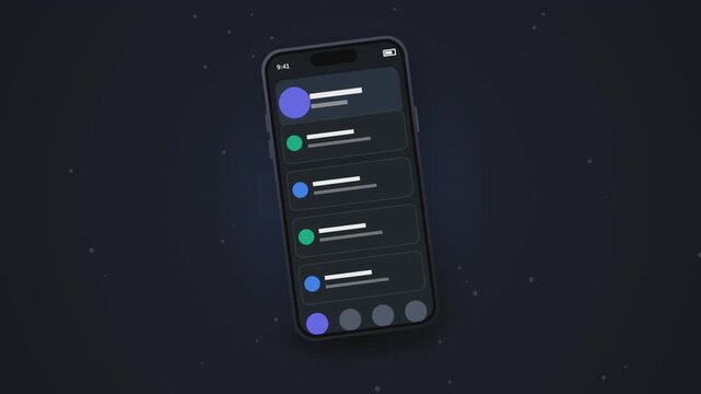 Minimalist smartphone interface design showing list items scrolling on dark background motion graphic.