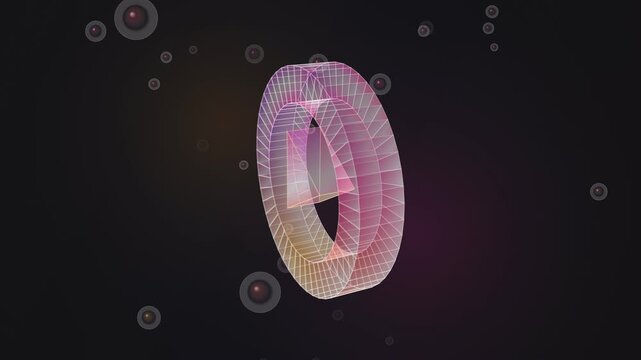 Dynamic abstract play button animation with wireframe torus and glowing particles, futuristic concept.
