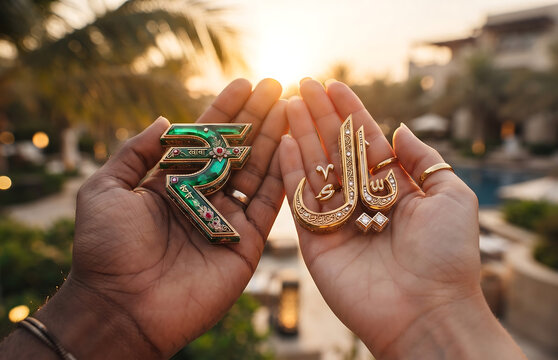 hand holding a indian rupee Symbol and Saudi Arabia currency Symbol