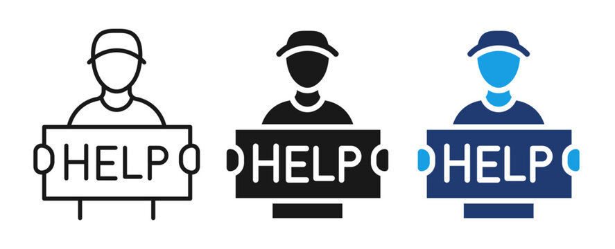 Help Volunteer Icon Set, Charity Support, Humanitarian Aid, Helping Hand, Community Service, Assistance, Social Care, Donation, Volunteer Person Flat Vector Pictogram