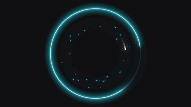 Neon blue circle loading animation with glowing particles orbiting in dark digital space background.