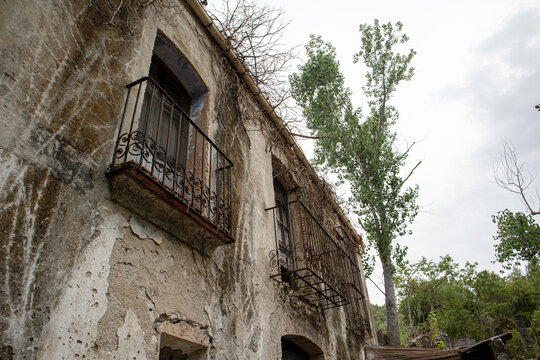 Old house facade with weathered balconies and tall trees under an overcast sky