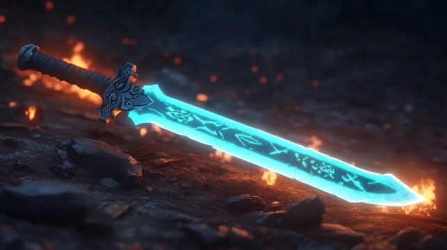 Glowing magical sword with runes and fire effects on dark background.