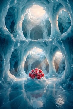 Beautiful bouquet of frozen red roses on an ice pedestal inside a majestic glowing blue ice cavern